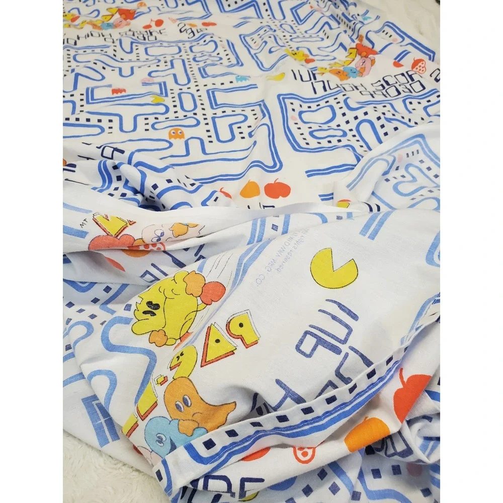 Vintage Danville 1980s White Blue Pac-Man Ghosts Fabric Twin Flat Sheet Gamer